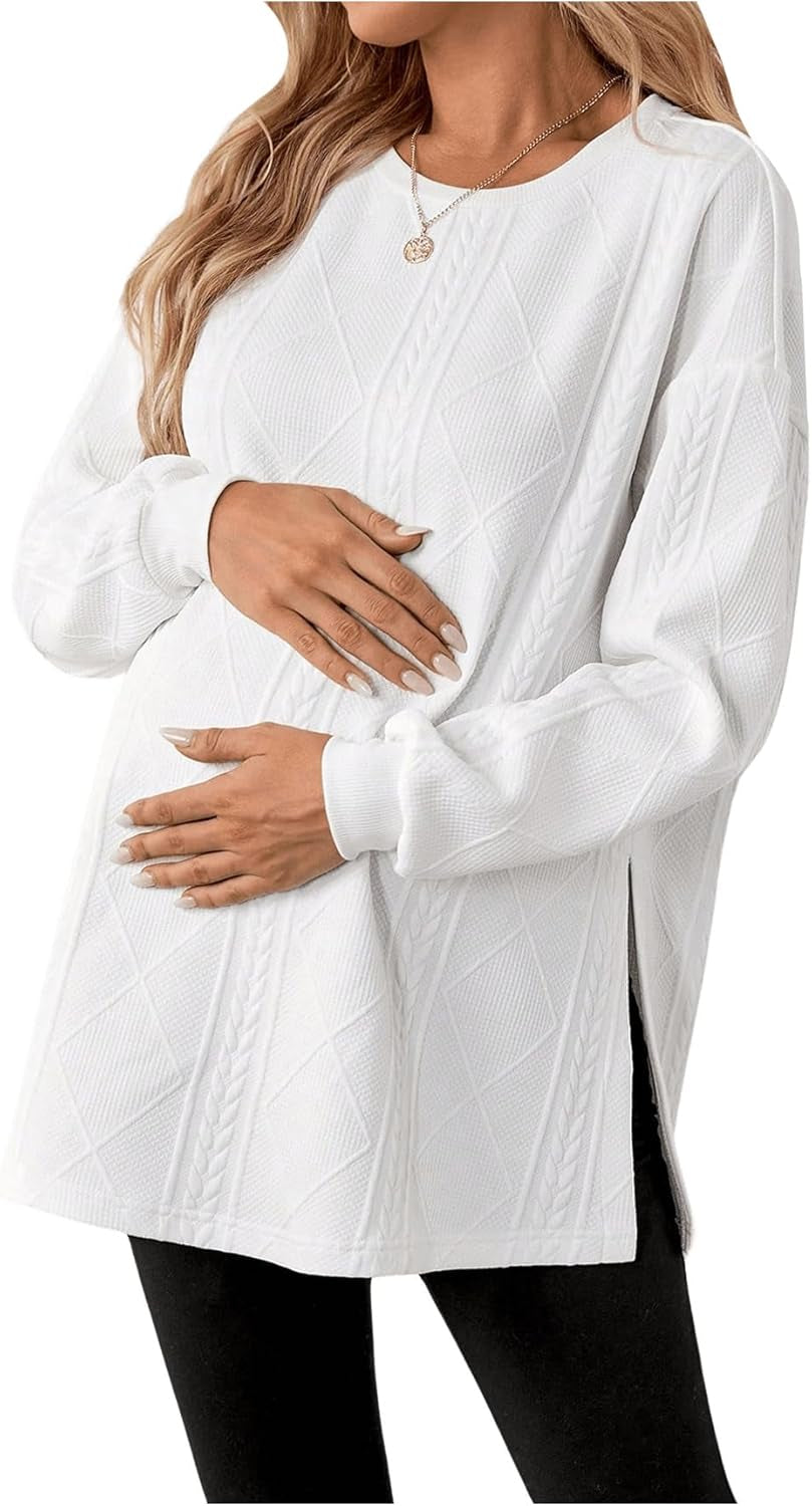 Makemechic Women'S Maternity Sweatshirt round Neck Long Sleeve Split Hem Pregnancy Pullover Tops