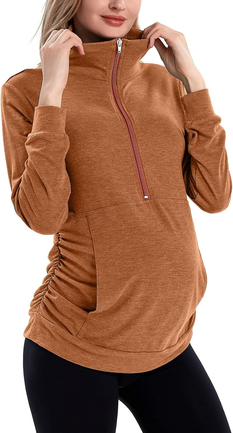 GINKANA Maternity Women'S Long Sleeve Shirt Half Zipper Lapel Lightweight Casual Maternity Pullover with Pockets