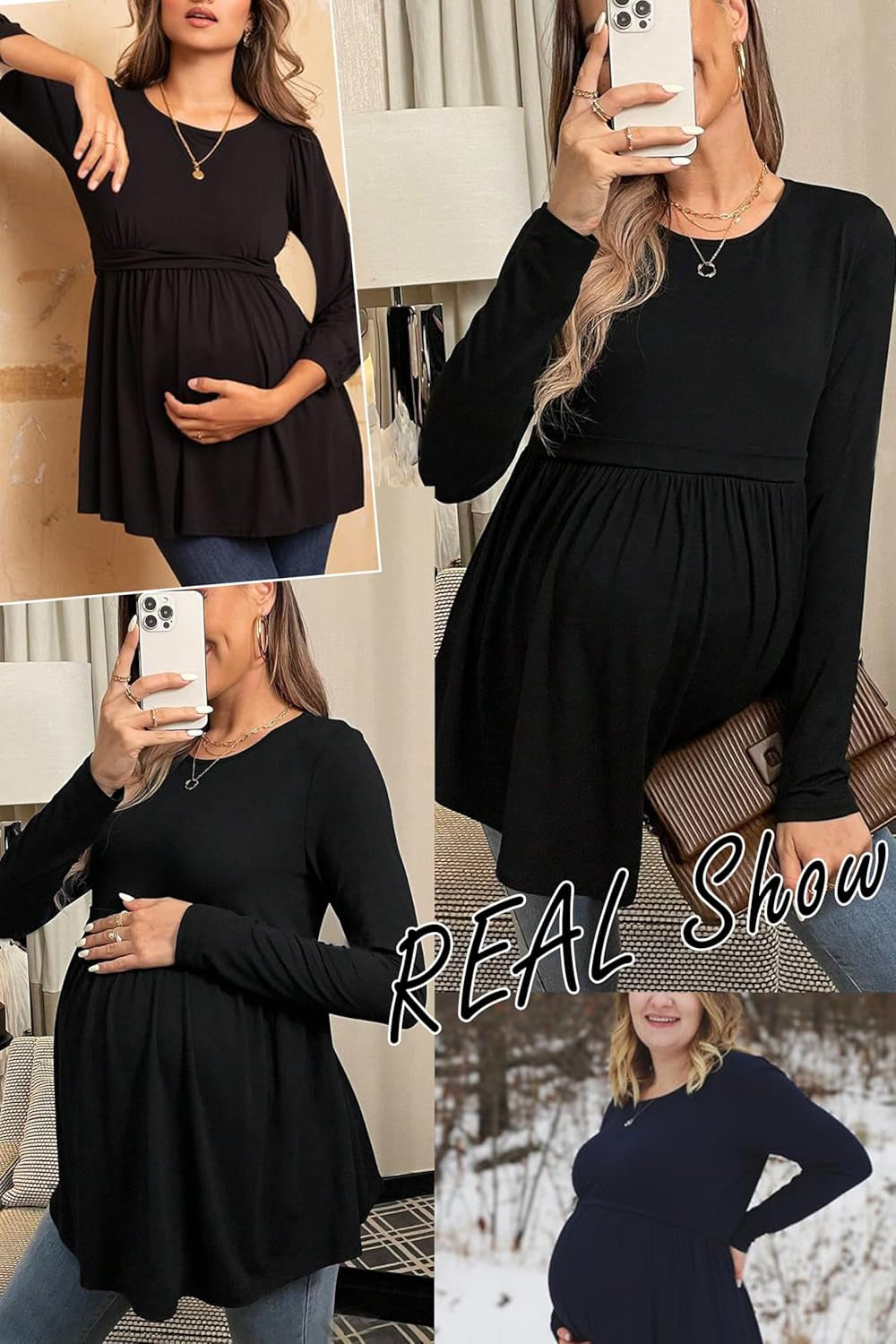 Ekouaer Maternity Shirts 3 Packs Pleated Long Sleeve Tops Tunic Casual Pregnancy Clothes