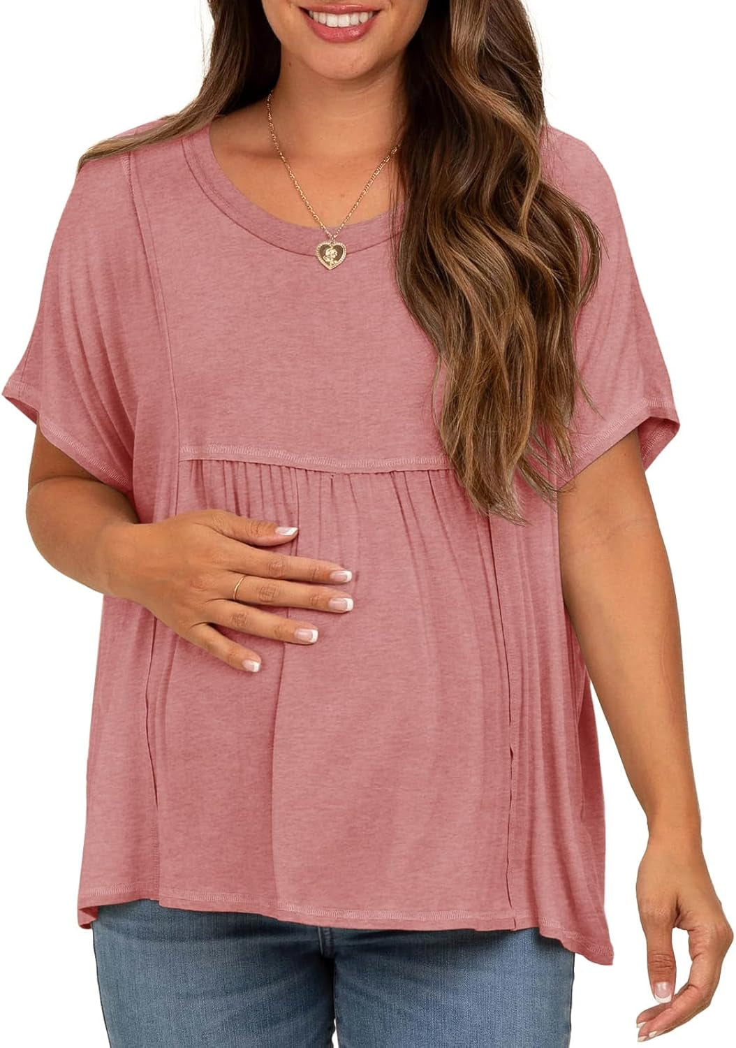 Tankaneo Womens Maternity Tops Summer Batwing Short Sleeve Casual T Shirts Oversized Pleated Pregnancy Clothes