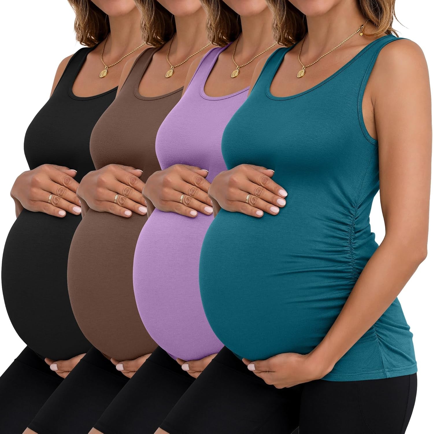 Ficerd 4 Pack Women'S Maternity Tank Tops Sleeveless Side Ruched Top Crew Neck Casual Pregnancy T-Shirts Summer Basic