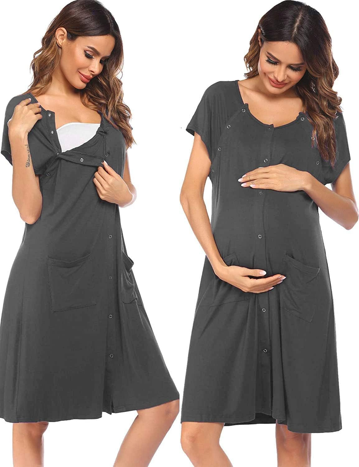 Ekouaer 3 in 1 Labor/Delivery/Hospital Gown Nursing Dress Maternity Nightgown Sleepwear for Breastfeeding with Button S-XXL