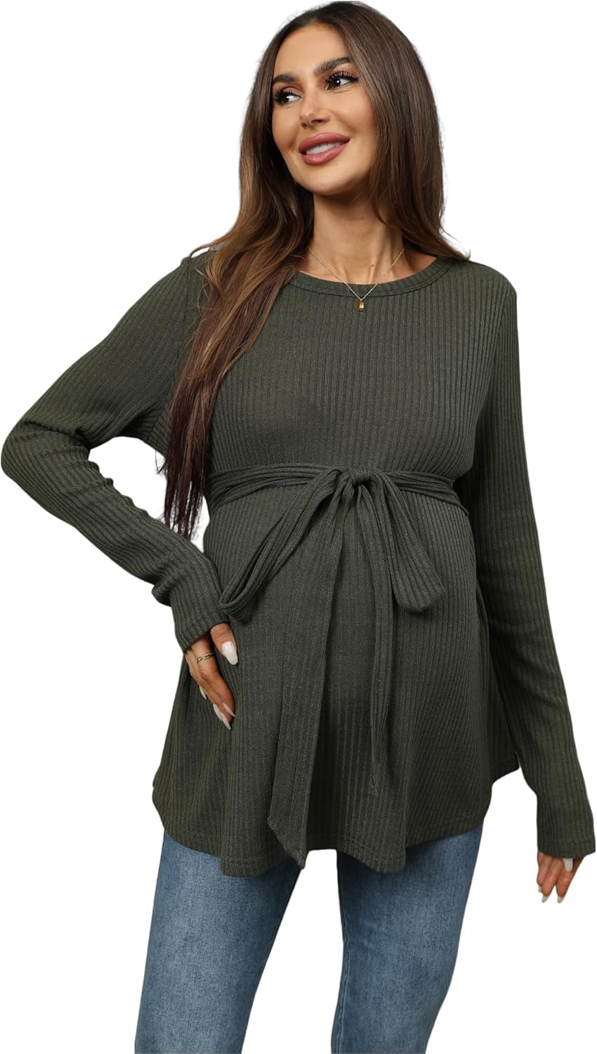 Makemechic Women'S Maternity Shirts Casual Long Sleeve Tie Front Ribbed Knit Pregnancy Tee Top