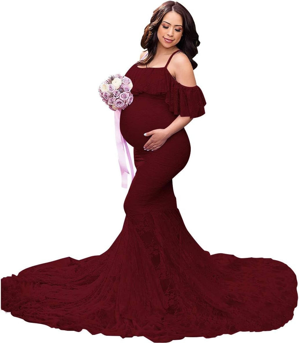 MYRISAM Women Maternity Lace Mermaid Gown off Shoulder Ruffle Slim Fitted Photo Shoot Wedding Party Prom Baby Shower Dress