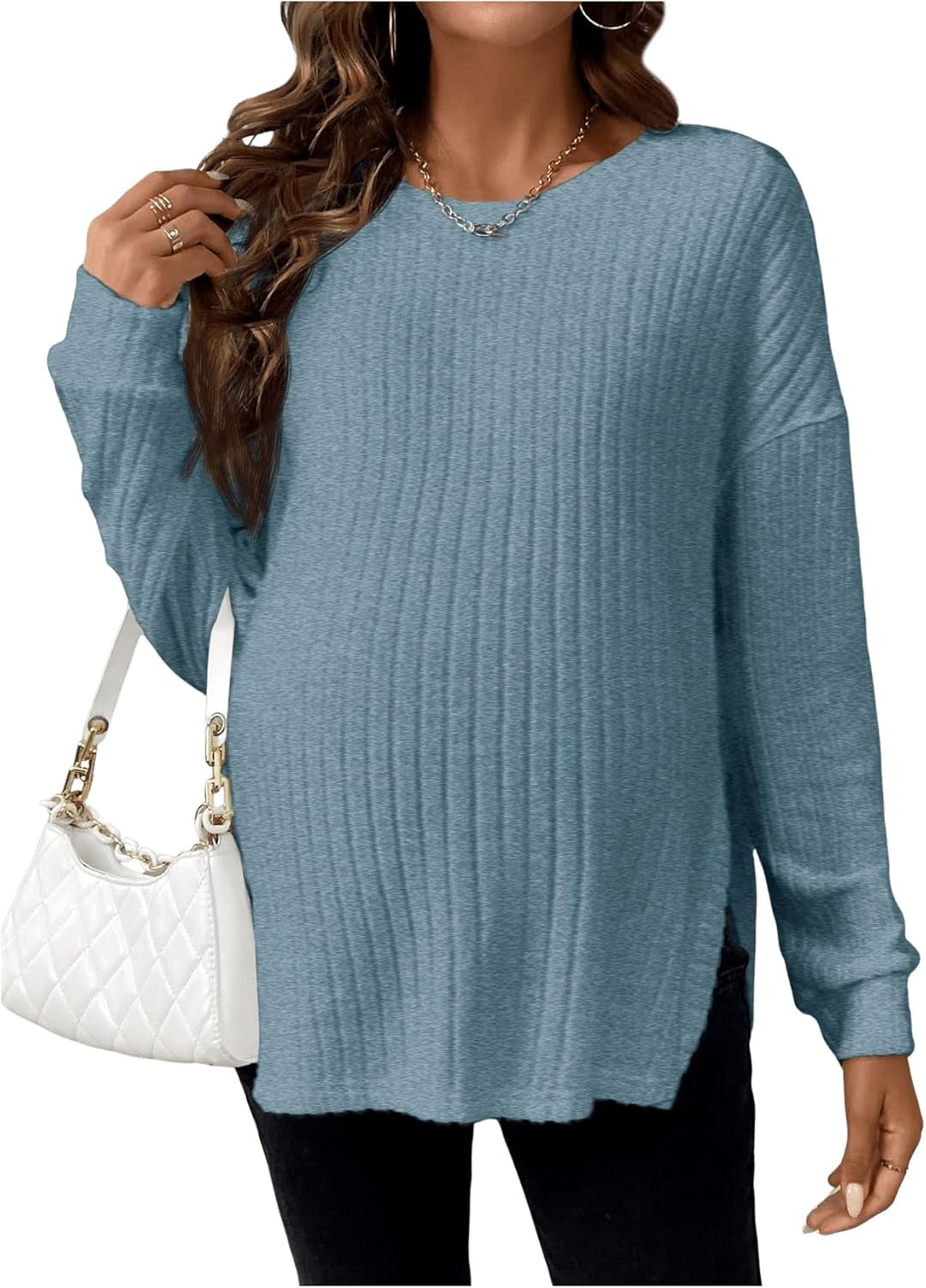 Makemechic Women'S Maternity Tee Shirt Long Sleeve round Neck Split Hem Rib Knitted Pregnancy Tops