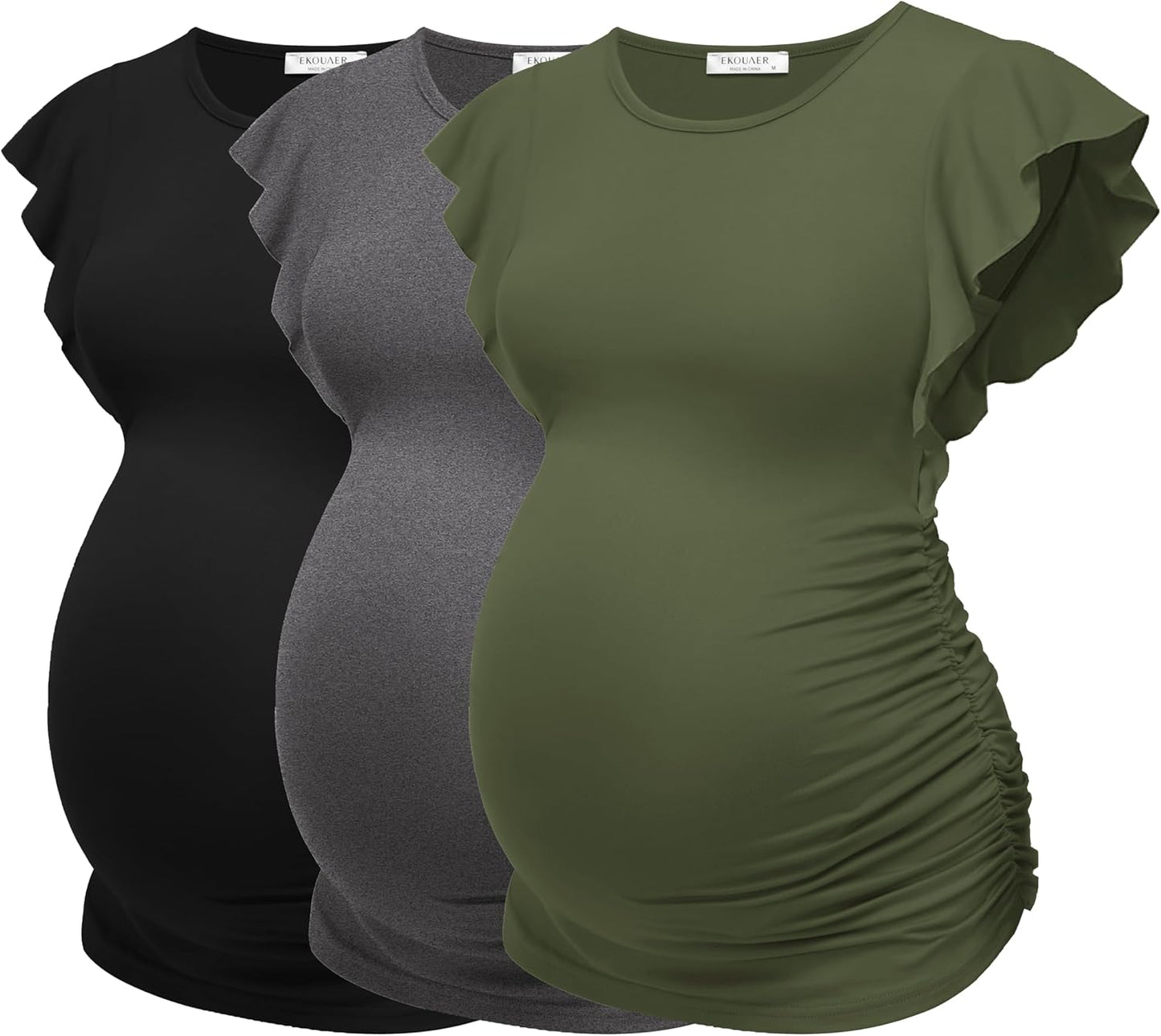 Ekouaer Women'S Maternity Shirts 3 Packs Flying Short Sleeve Pregnancy Tops Side Ruched Tunic Blouse Mama Clothes S-XXL