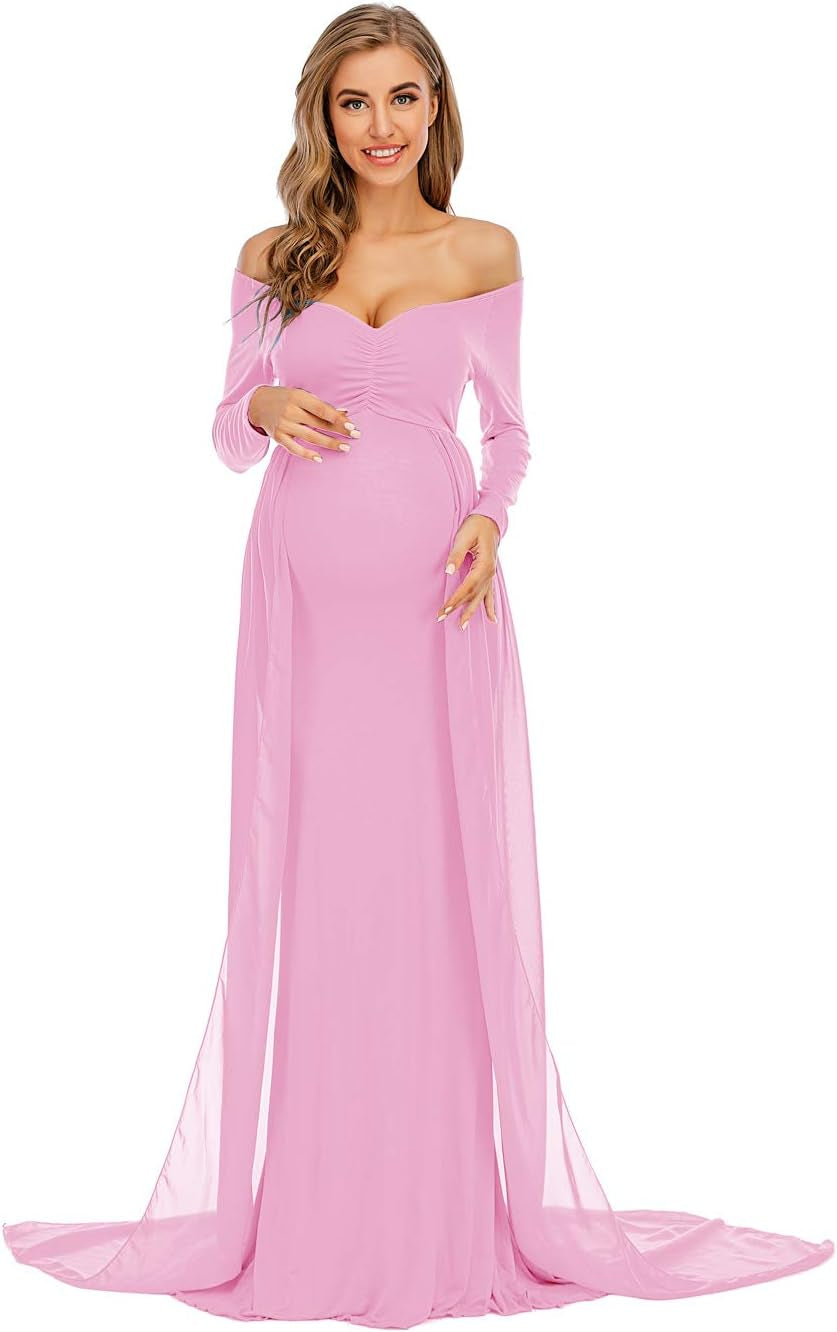 ZIUMUDY Maternity off Shoulder Long Sleeve Fitted Gown Maxi Chiffon Dress for Photo Shoot Baby Shower