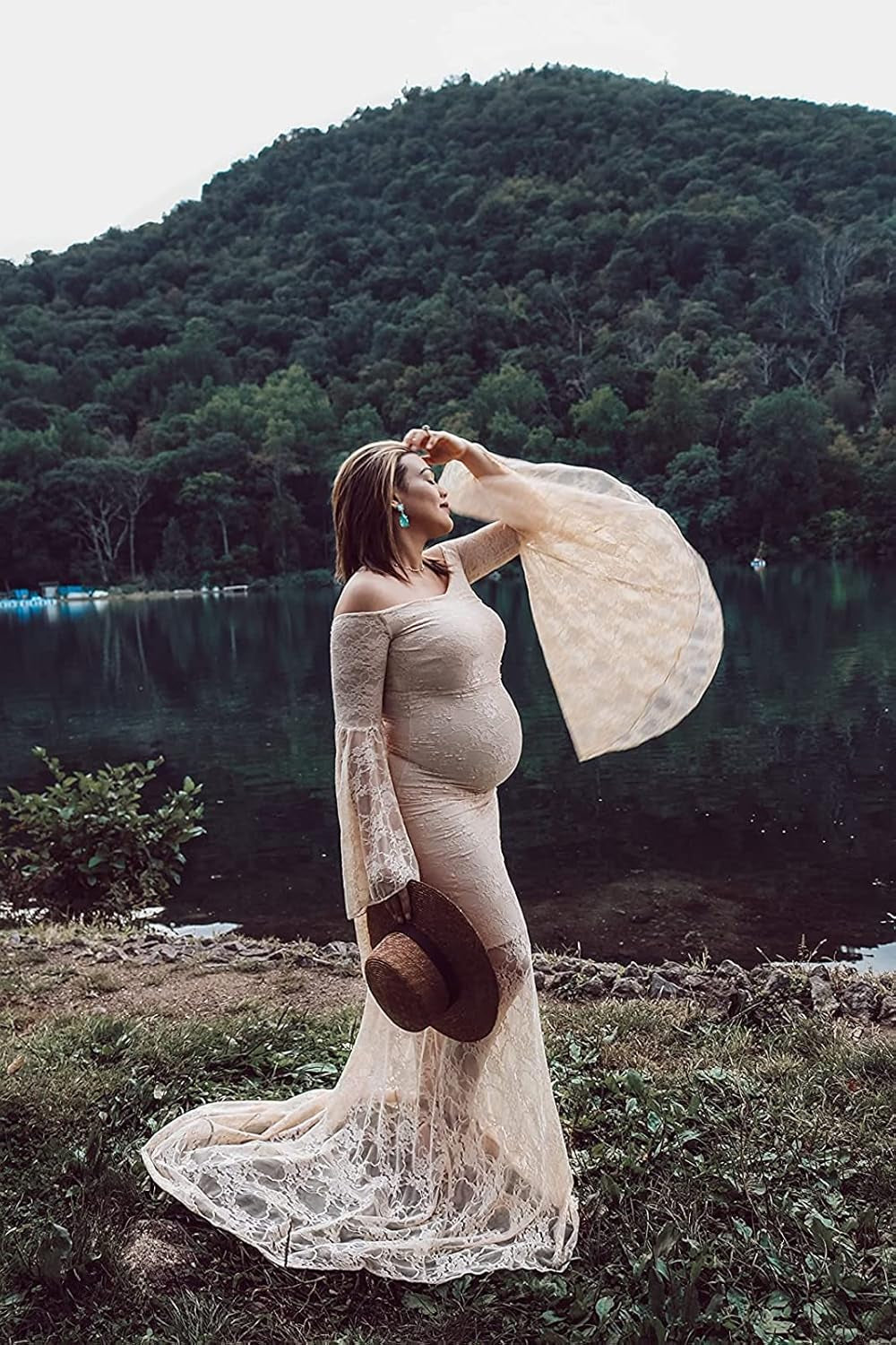 Saslax off Shoulder Lace Maternity Dress for Photography Maxi Maternity Props Dresses for Photo Shoot Baby Shower