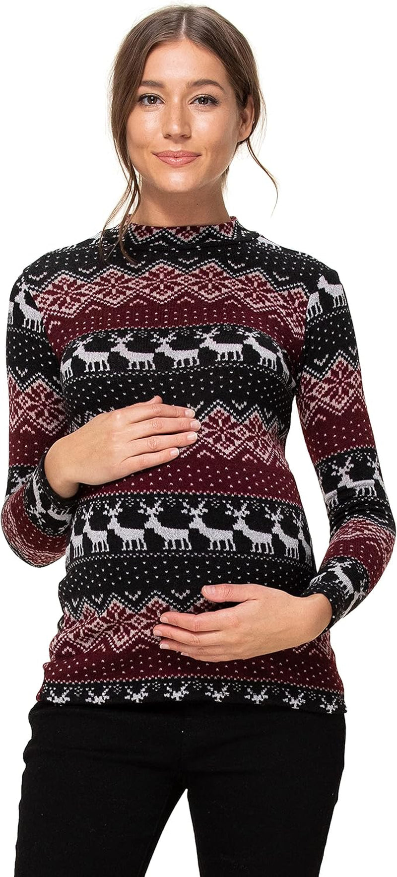 Women'S Knit Ribbed Maternity Top with Mock Neck Long Sleeve