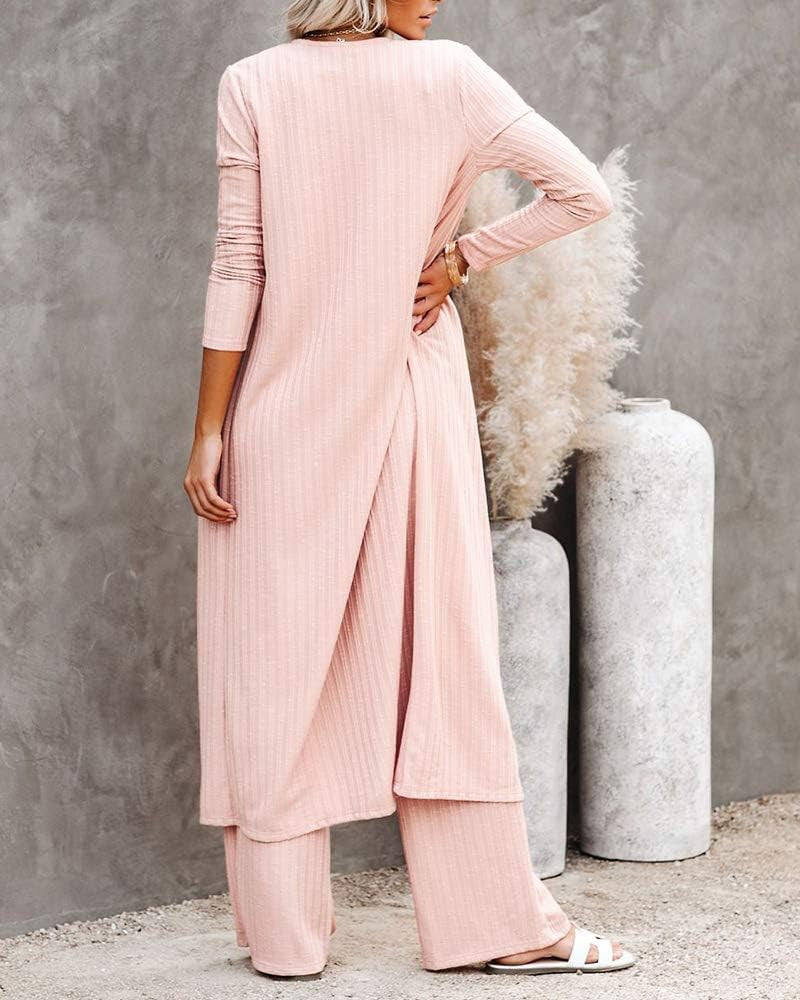 Fessceruna Womens 3 Piece Lounge Sets Pajamas Knit Long Sleeve Cardigan Crop Top Wide Leg Pants Loungewear Set