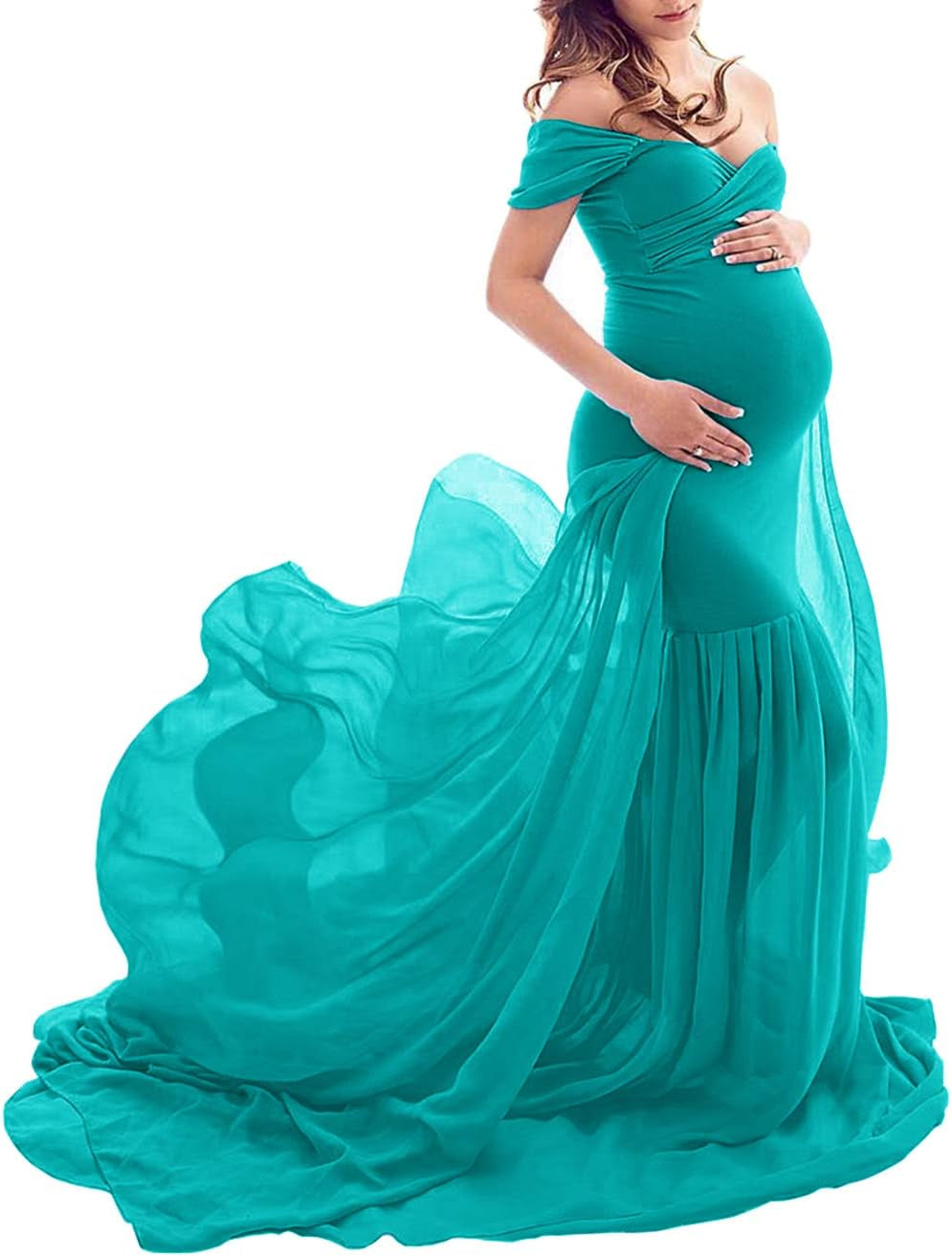ZIUMUDY Maternity Chiffon Mermaid Gown off Shoulder Dropped Sleeve Fitted Photo Shoot Photography Dress