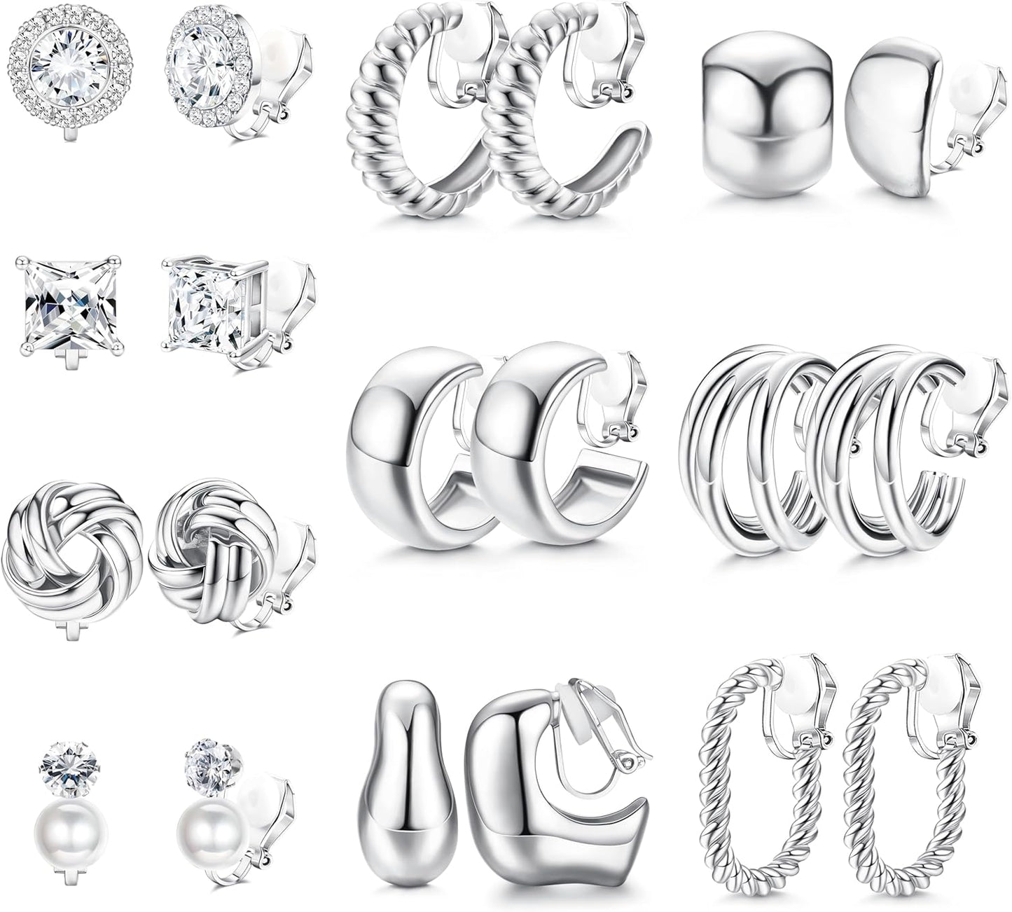 FIBO STEEL 10 Pairs Clip on Earrings for Women Non Pierced Ears CZ Pearl Knot Twist Chunky Hoop and Studs Earring Set Ear Clips Jewelry 14K Gold Plated
