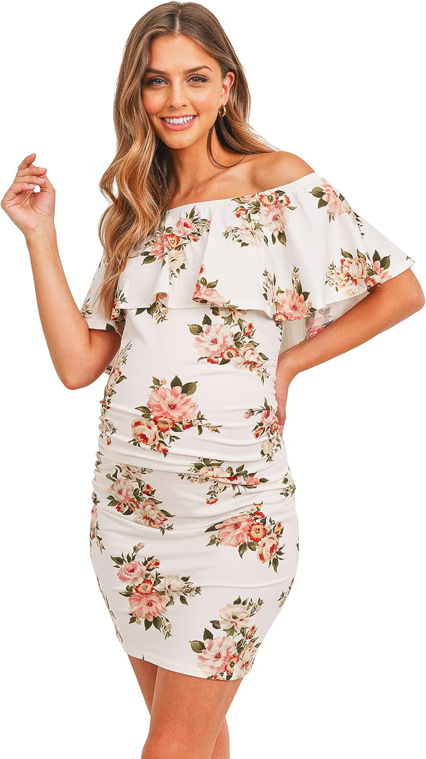 Hello MIZ Women'S Floral Ruffle off Shoulder Maternity Dress - Made in USA