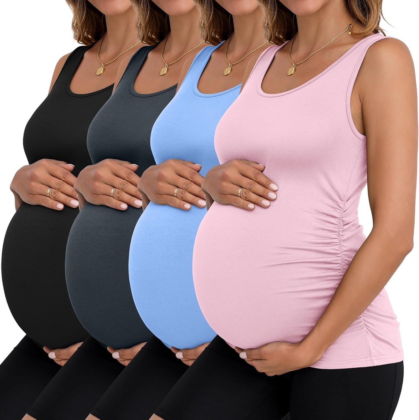 Ficerd 4 Pack Women'S Maternity Tank Tops Sleeveless Side Ruched Top Crew Neck Casual Pregnancy T-Shirts Summer Basic