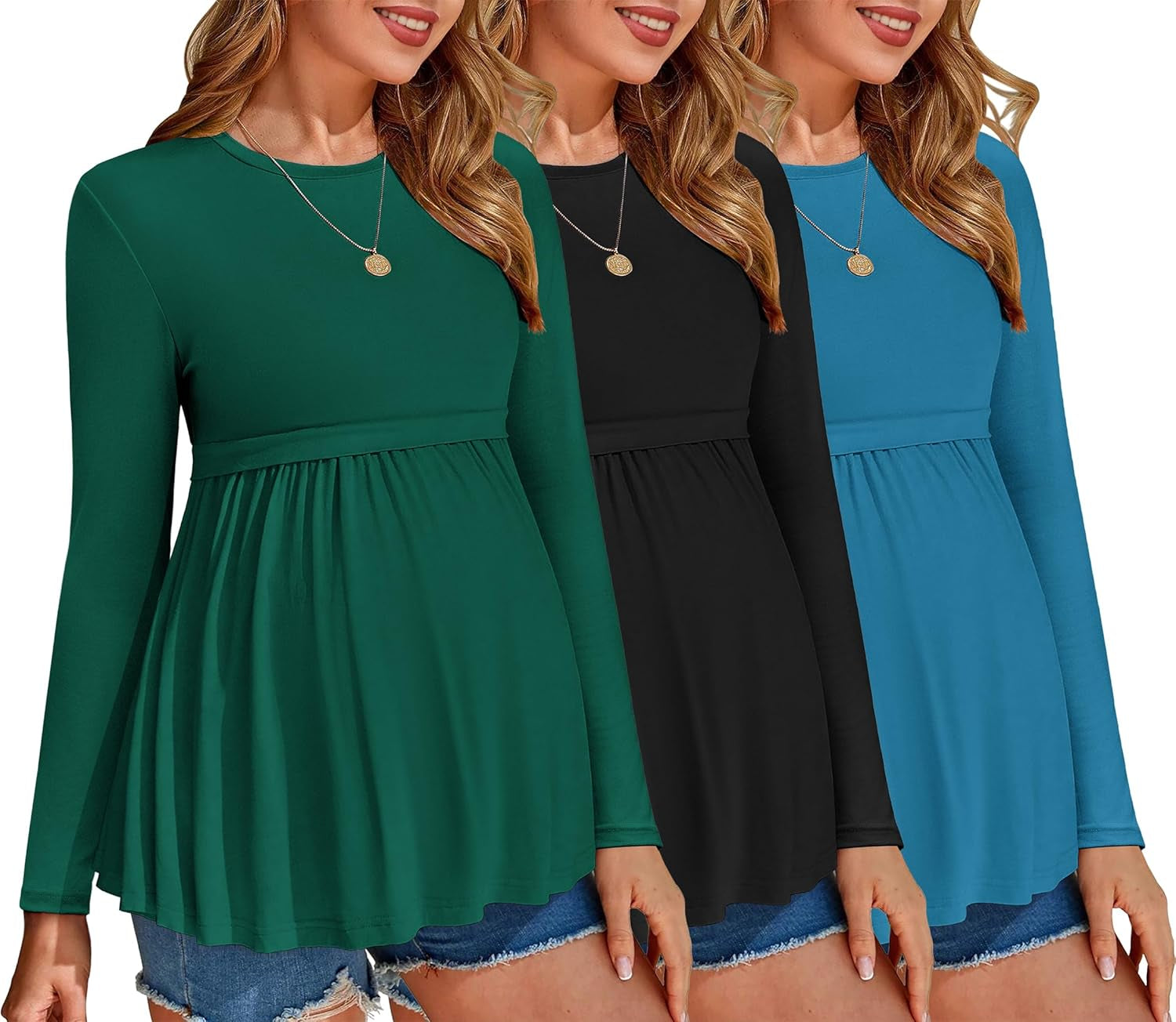 Ekouaer Maternity Shirts 3 Packs Pleated Long Sleeve Tops Tunic Casual Pregnancy Clothes