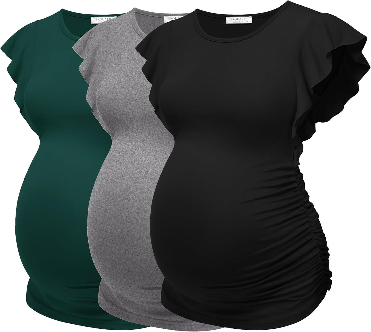Ekouaer Women'S Maternity Shirts 3 Packs Flying Short Sleeve Pregnancy Tops Side Ruched Tunic Blouse Mama Clothes S-XXL