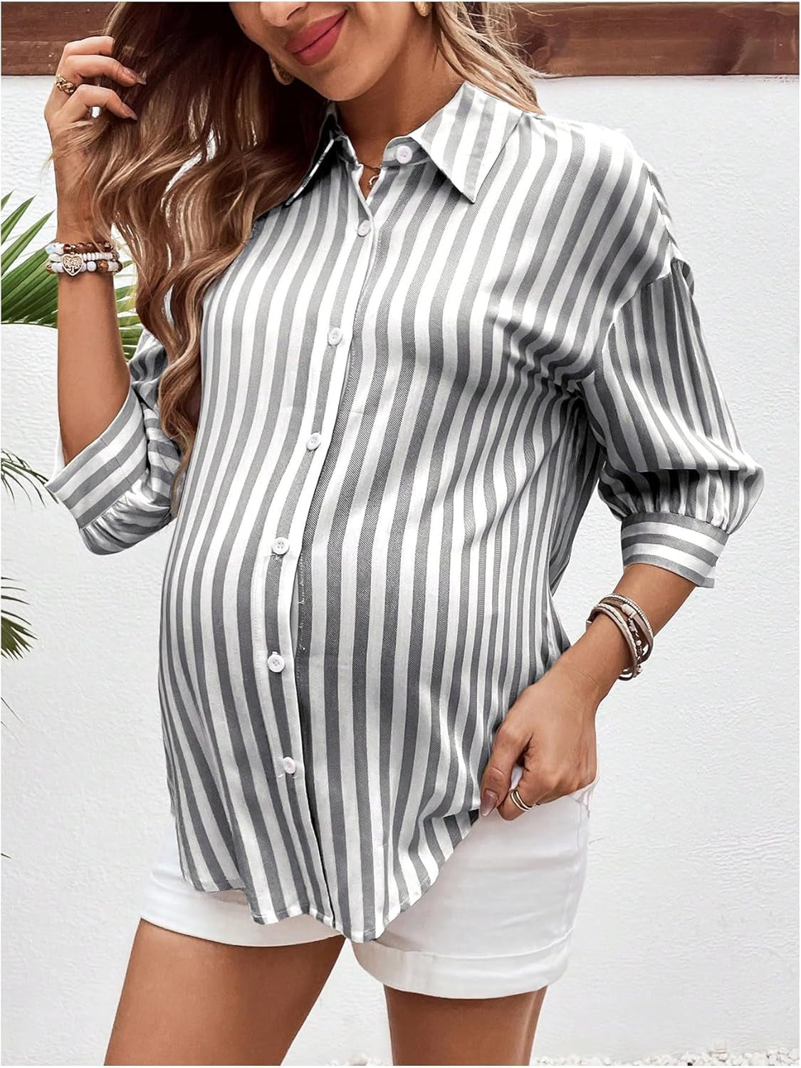 Makemechic Women'S Maternity Shirts Blouses Striped Button down 3/4 Sleeve Pregnancy Nursing Top
