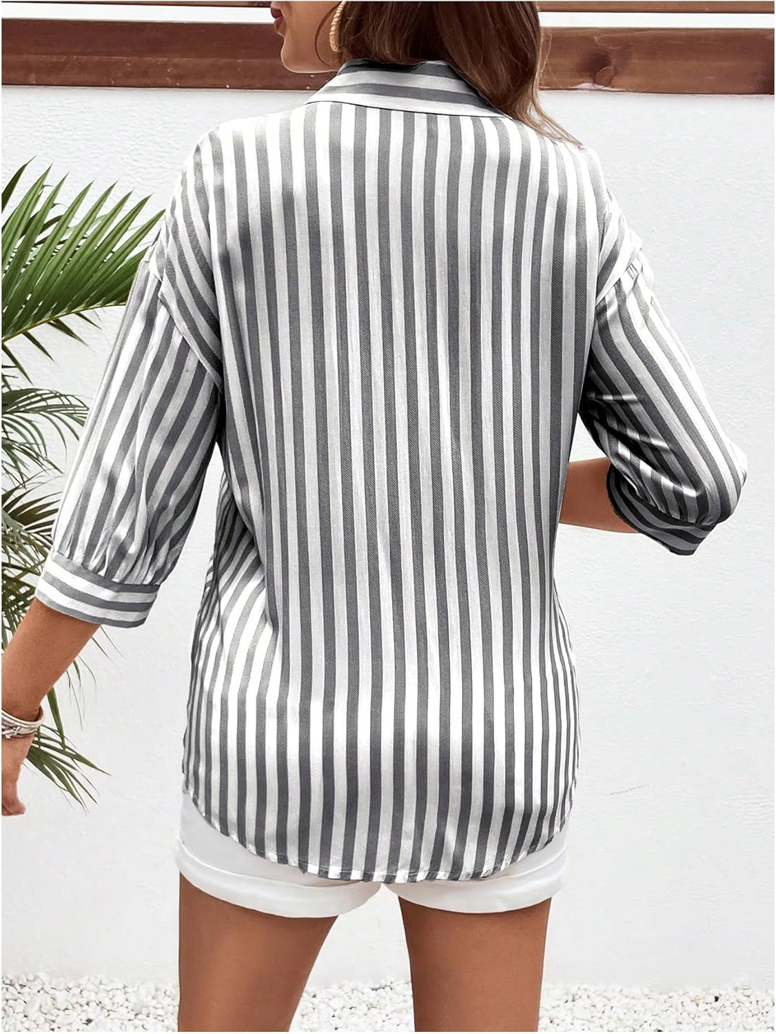 Makemechic Women'S Maternity Shirts Blouses Striped Button down 3/4 Sleeve Pregnancy Nursing Top