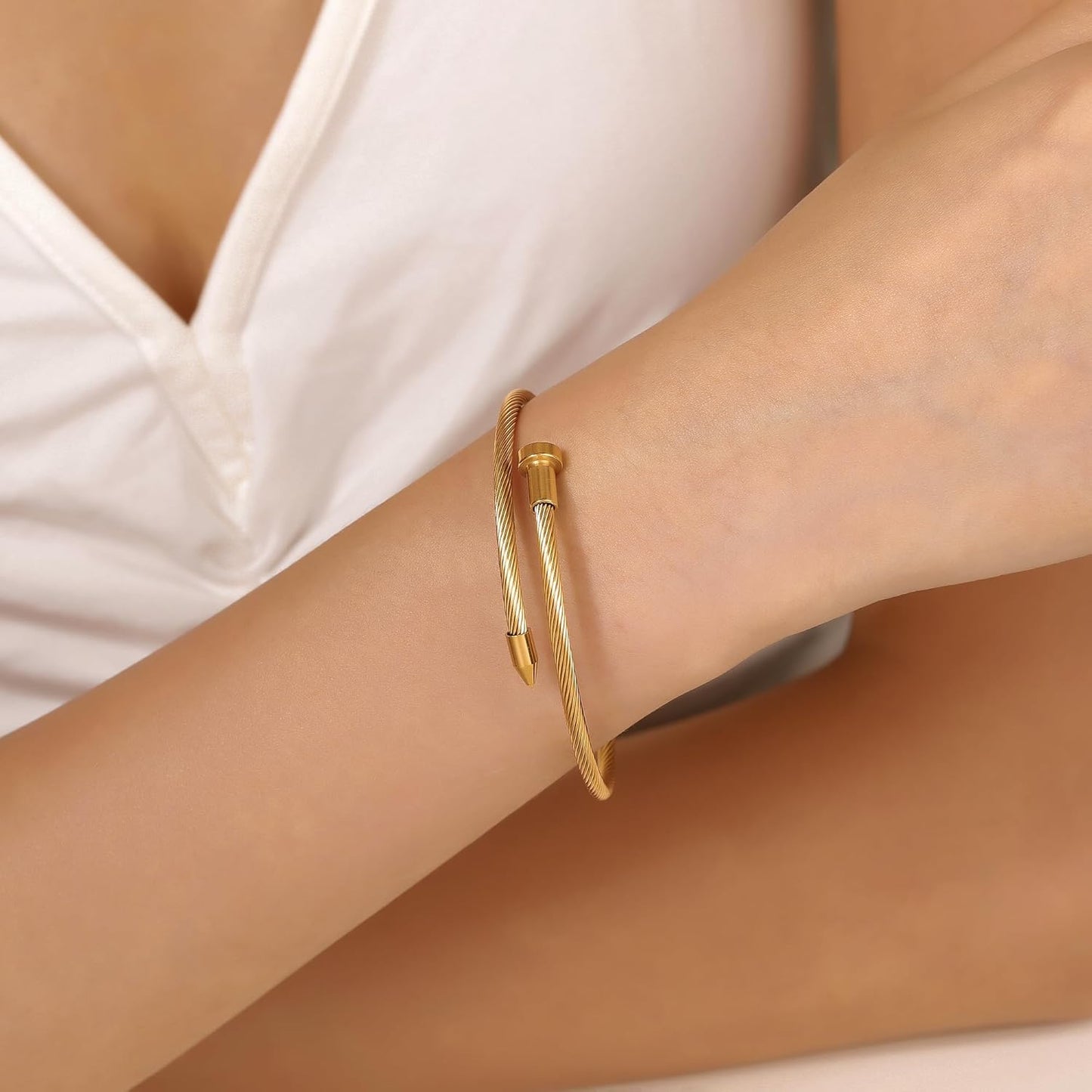 Gold Plated Bangle Bracelets for Women Stackable 18K Gold Plated Stainless Steel Love Bracelet Set Nail Cuff Bangle Set for Love Jewelry Adjustable Tennis Bracelet Non Tarnish Gift Jewelry