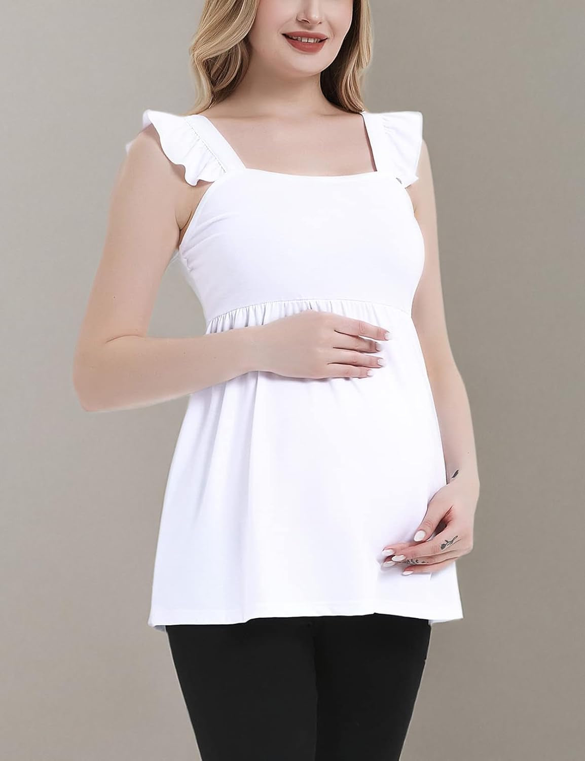 DEBELLY Women'S Maternity Peplum Tops Square Neck Ruffle Strap Sleeveless Pregnancy Tank Top Mama Cute Babydoll Blouse Summer