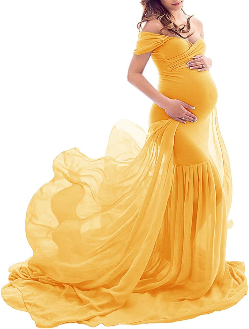 ZIUMUDY Maternity Chiffon Mermaid Gown off Shoulder Dropped Sleeve Fitted Photo Shoot Photography Dress