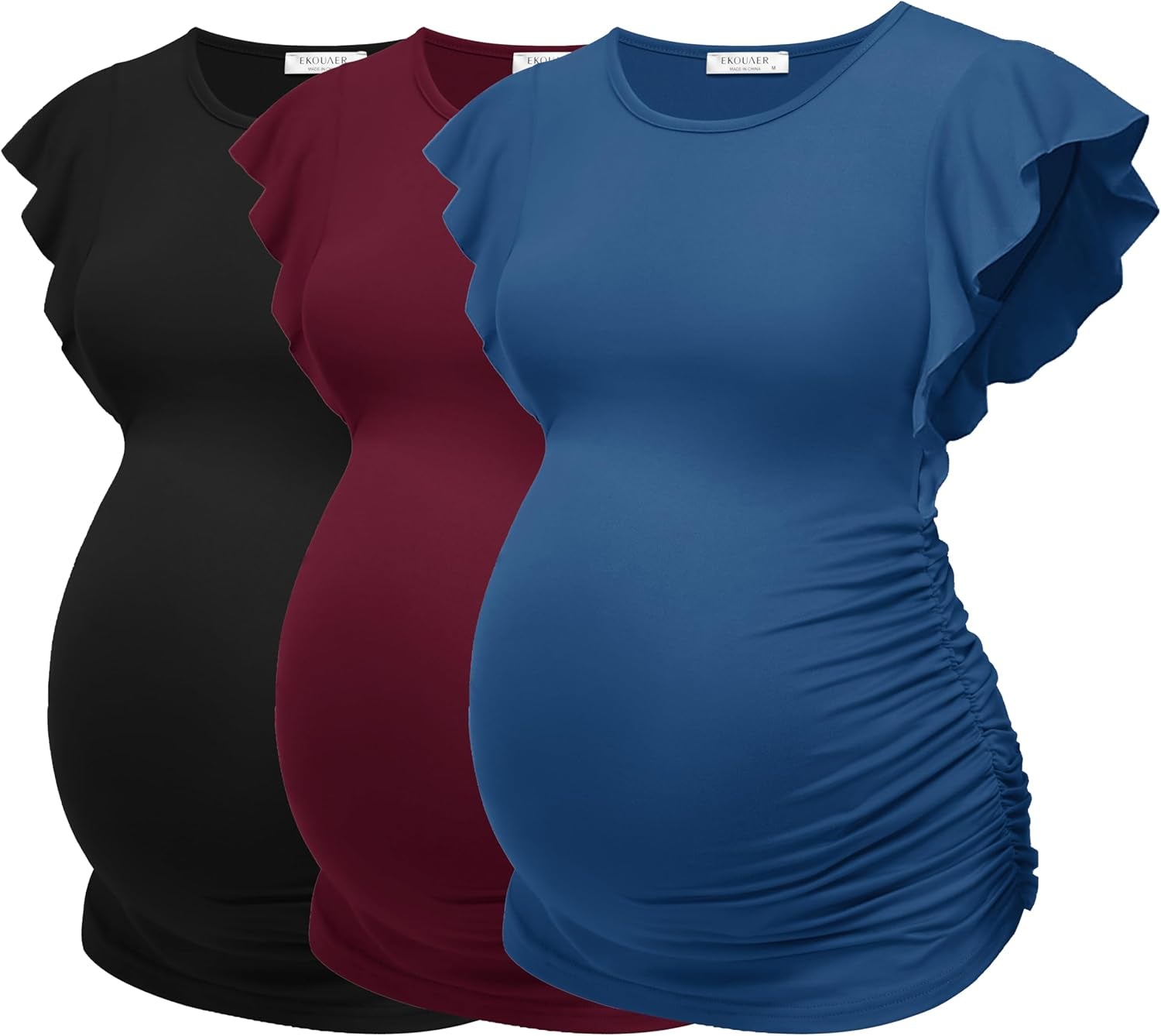 Ekouaer Women'S Maternity Shirts 3 Packs Flying Short Sleeve Pregnancy Tops Side Ruched Tunic Blouse Mama Clothes S-XXL