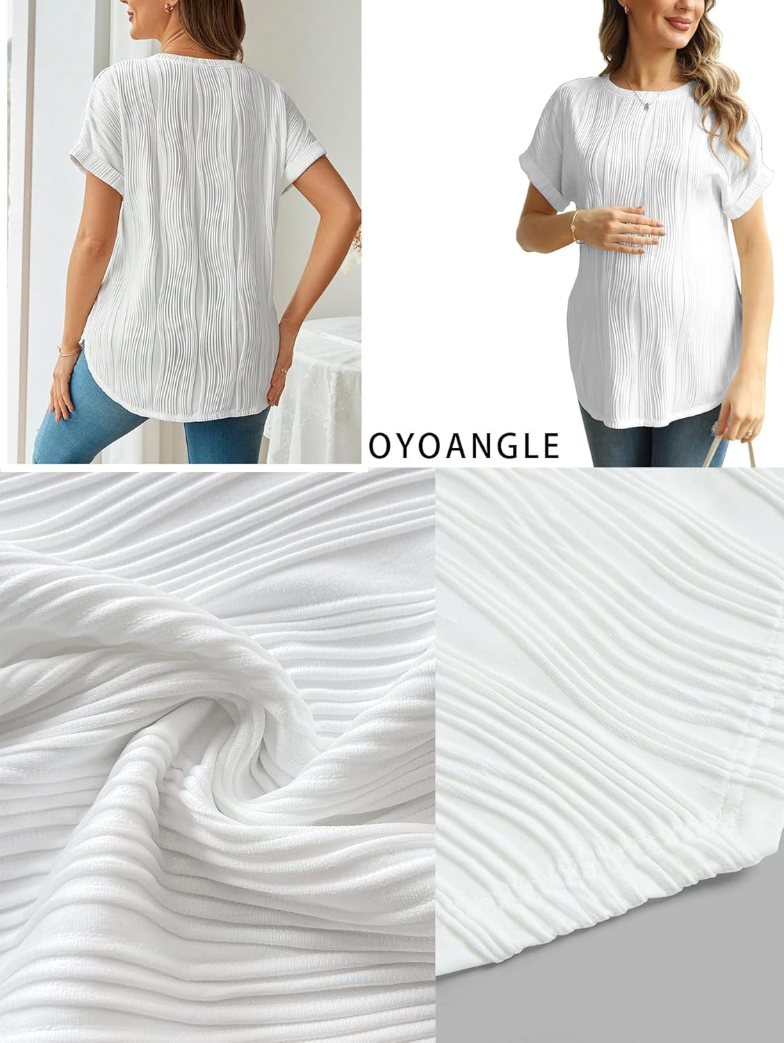 OYOANGLE Women'S Casual Maternity T-Shirt Textured Short Sleeve Crew Neck Loose Tunic Top Pregnancy Blouse Tee