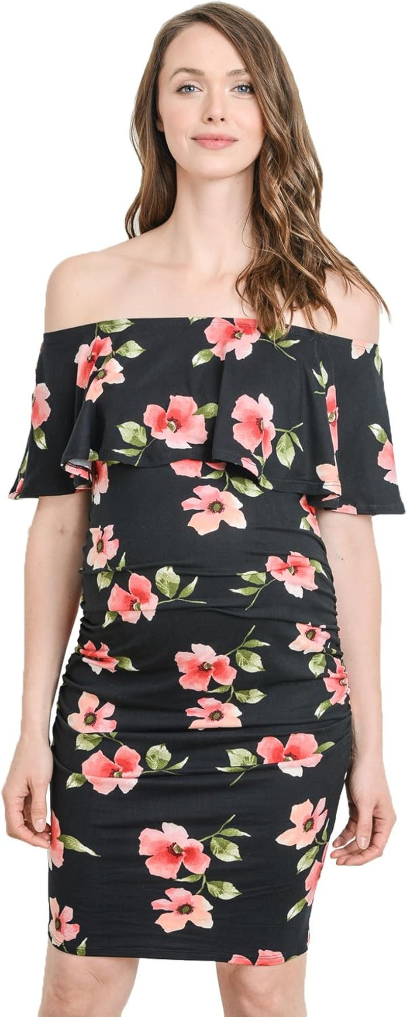 Hello MIZ Women'S Floral Ruffle off Shoulder Maternity Dress - Made in USA