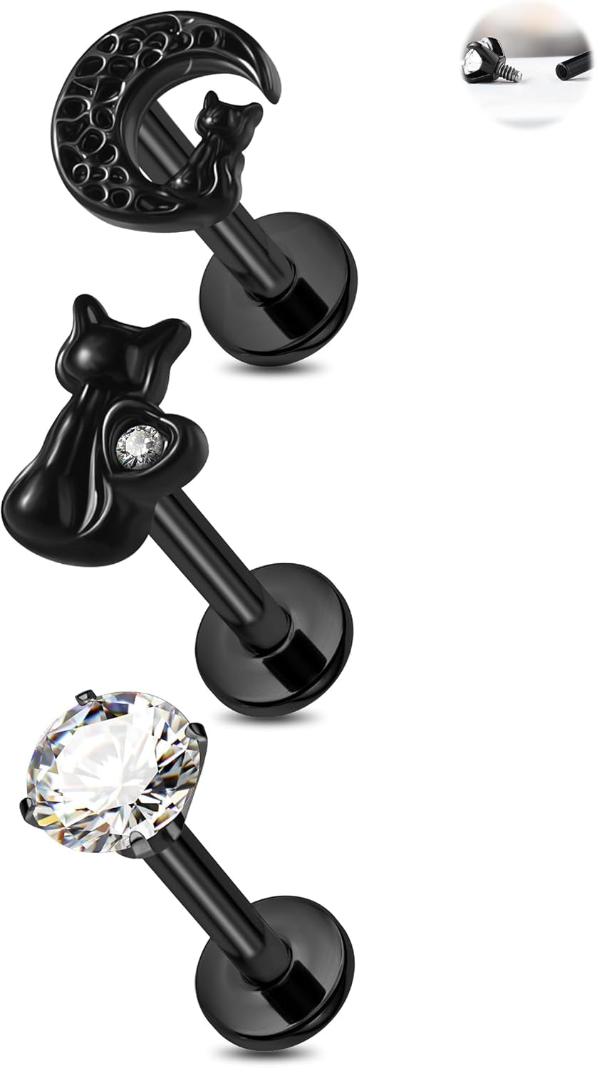 Jewseen 16G Halloween Internally Threaded Tragus Earrings Set Halloween Helix Piercing Jewelry Black Flat Back Earrings Cartilage Lip Nose Stud for Women Men