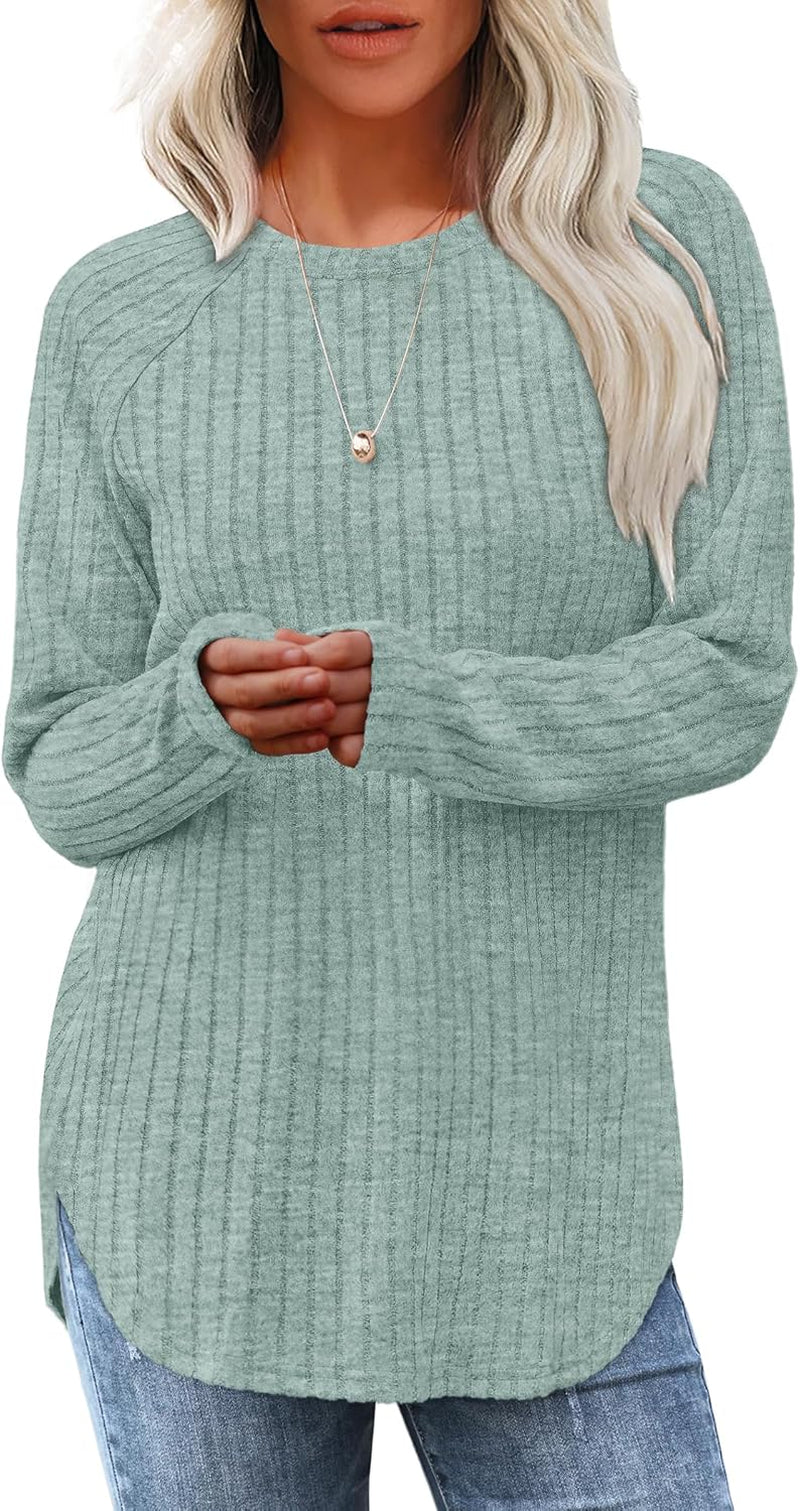 Saloogoe Long Sleeve Shirts for Women Tunic Tops for Women Loose Fit Dressy Crew Neck Pullover Basic Sweaters for Women 2024