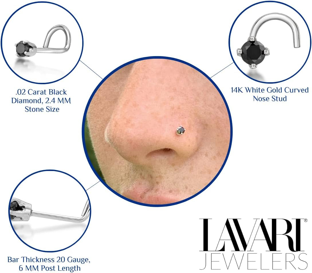 Lavari Jewelers 0.01 to 0.07 Carat Black Diamond Curved Screw Nose Stud for Women - 14K White Gold Nose Ring - Unisex Stud Hypoallergenic Nostril Piercing Jewelry - 20G Body Piercing for Men
