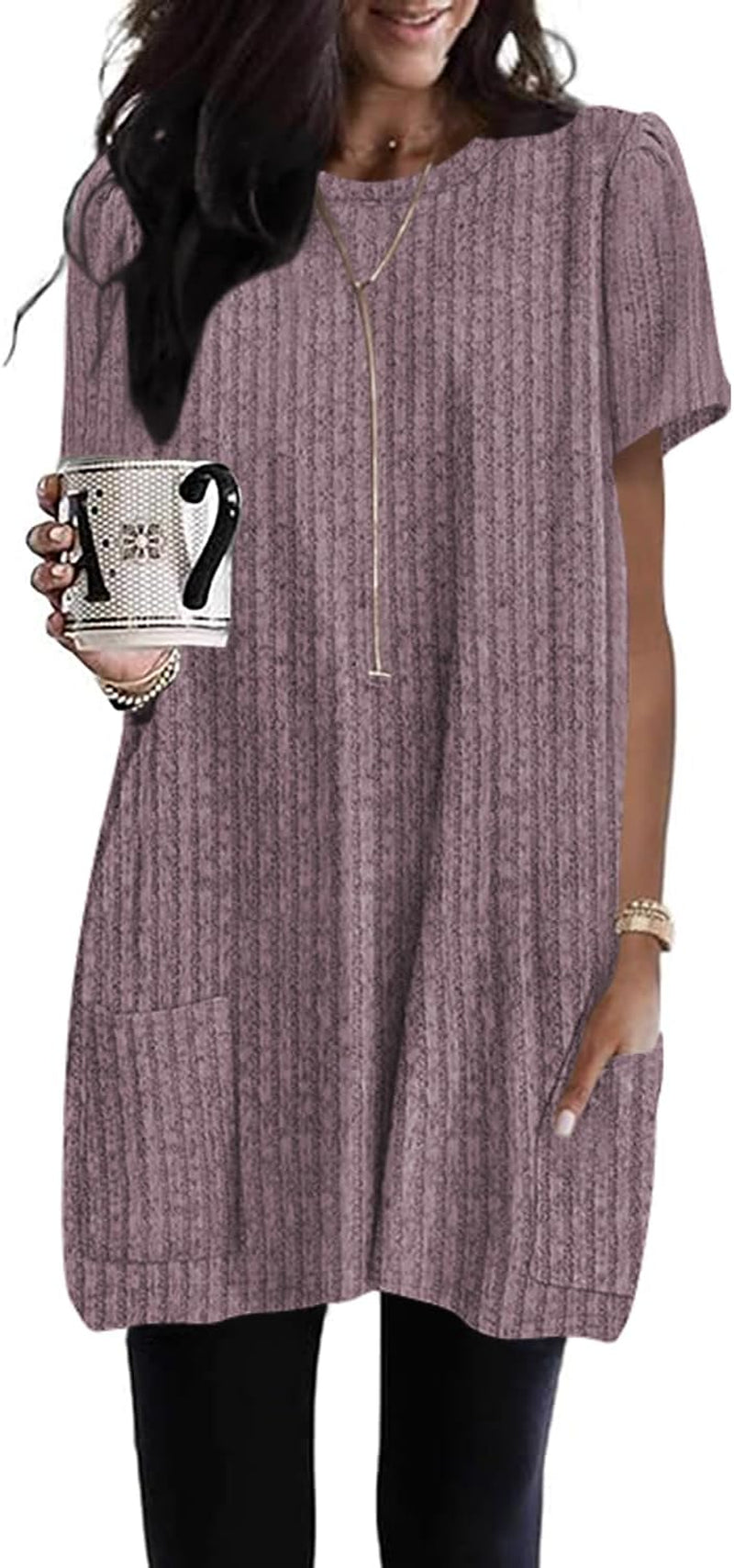 Naggoo Summer Womens Tunic Tops for Leggings with Pockets Loose Fit Short Sleeve Casual Long T Shirts