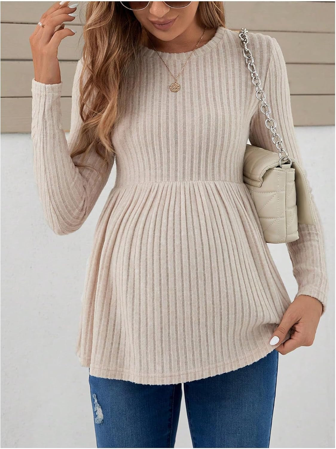 Women'S Maternity Tee Shirt Long Sleeve Ruffle Hem Shirts Ribbed Knit round Neck Peplum Pregnancy Tops Khaki Large