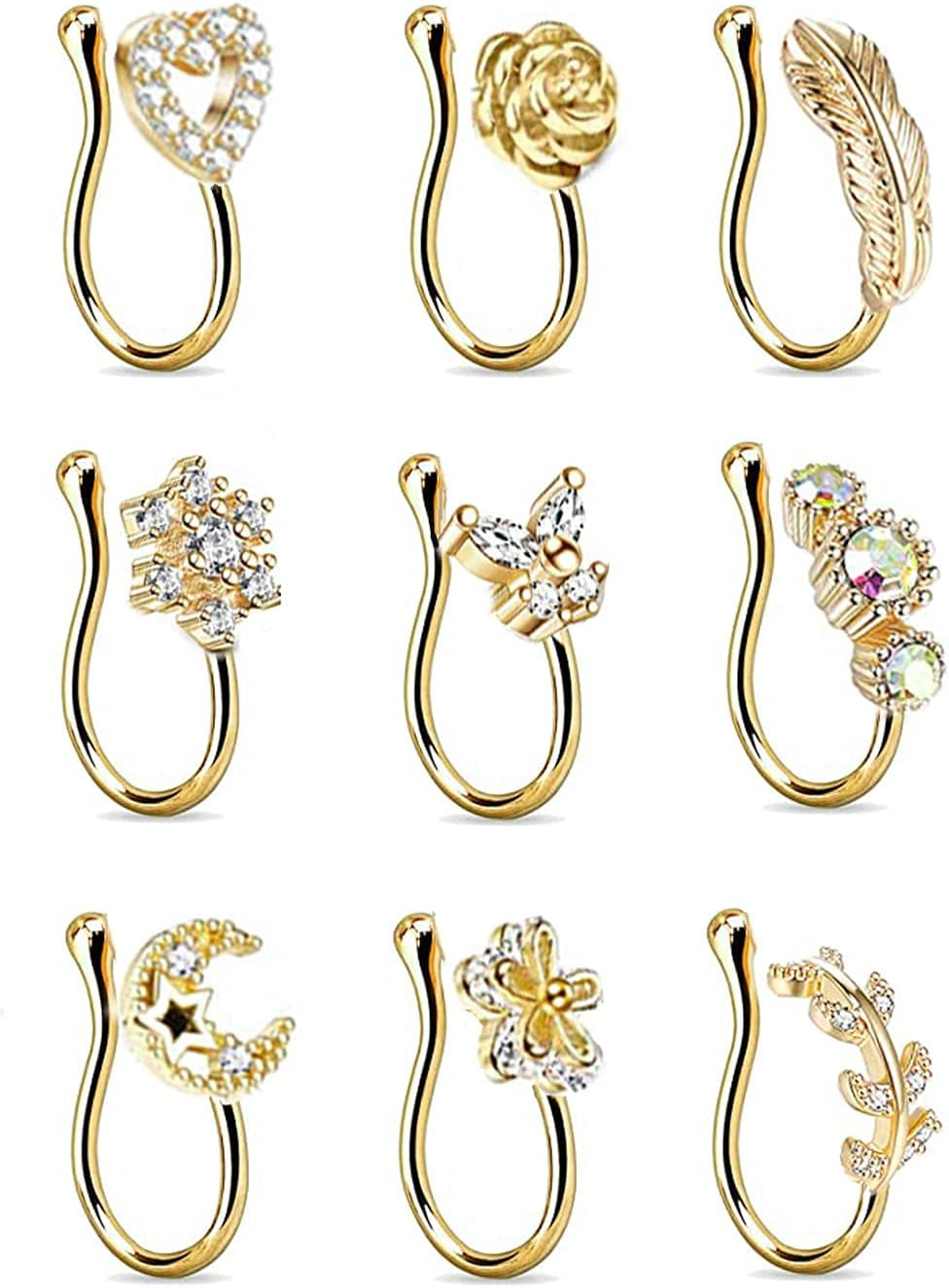 9Pcs Fake Nose Rings Hoop for Women Faux Cartilage Tragus Ring Nose Cuff Non Piercing Jewelry Set