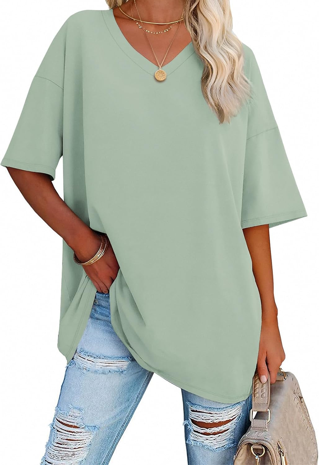ATHMILE Womens Summer Oversized Shirts V Neck Business Casual Workout Tops Beach Vacation 2025 Gym Clothes