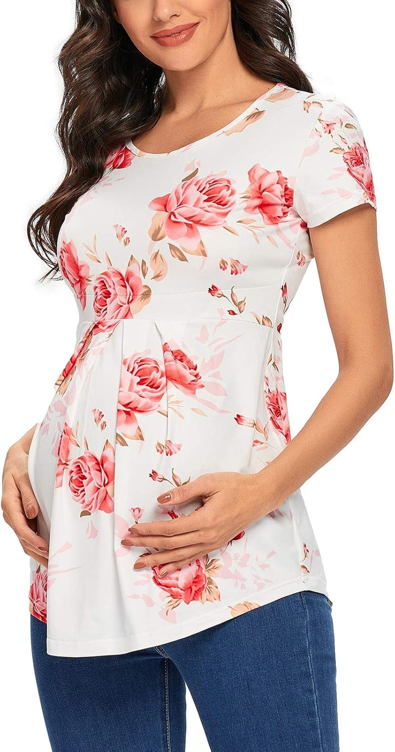 Glampunch Women'S Maternity Tops Short & 3/4 Sleeve round Neck Front Pleat Peplum Tunic Top Pregnancy Shirts