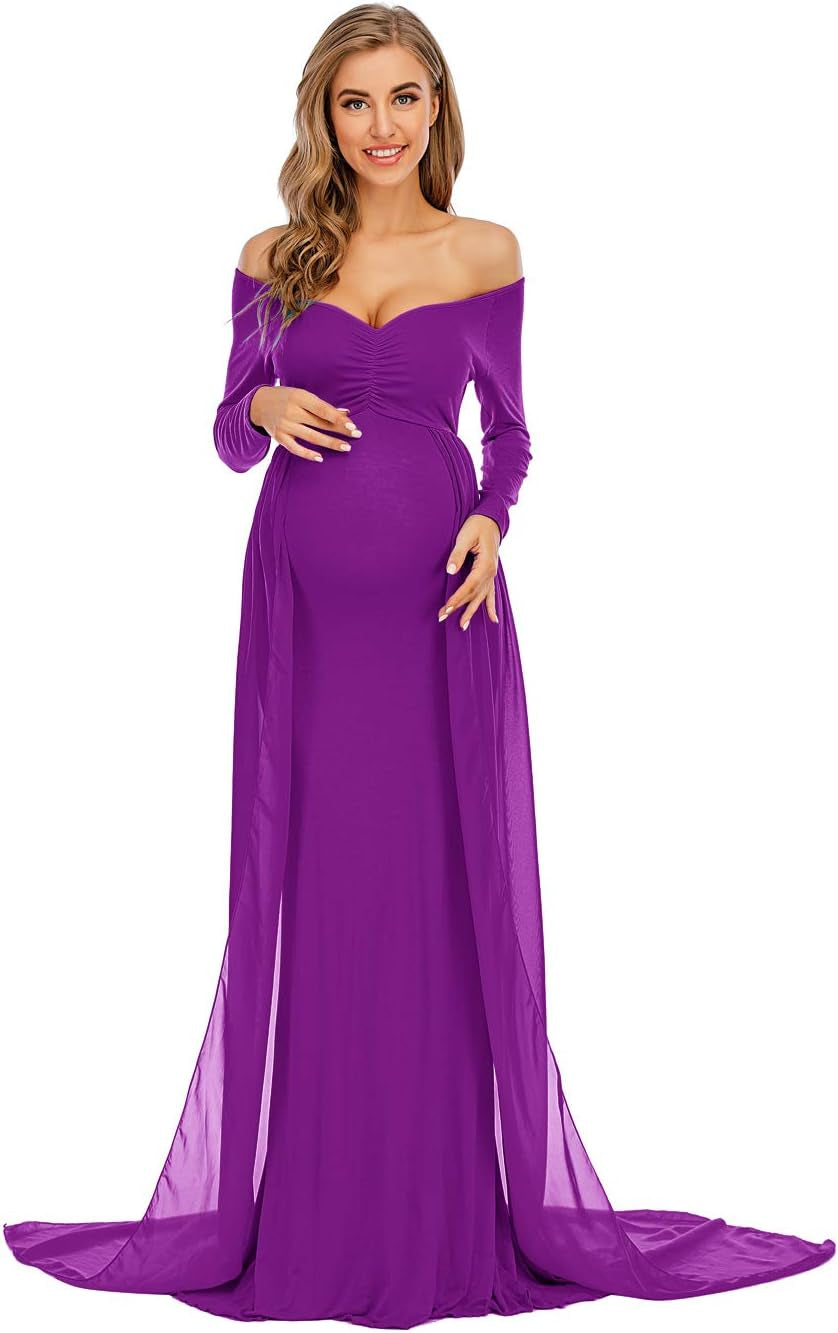 ZIUMUDY Maternity off Shoulder Long Sleeve Fitted Gown Maxi Chiffon Dress for Photo Shoot Baby Shower