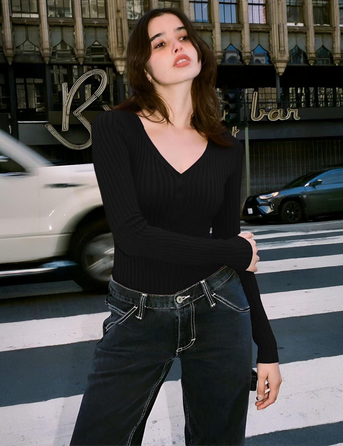 V28 Women Tops Long Sleeve V Neck Henley Button up Casual Sexy Slim Fit Ribbed Knit Knitwear Pullover Sweater