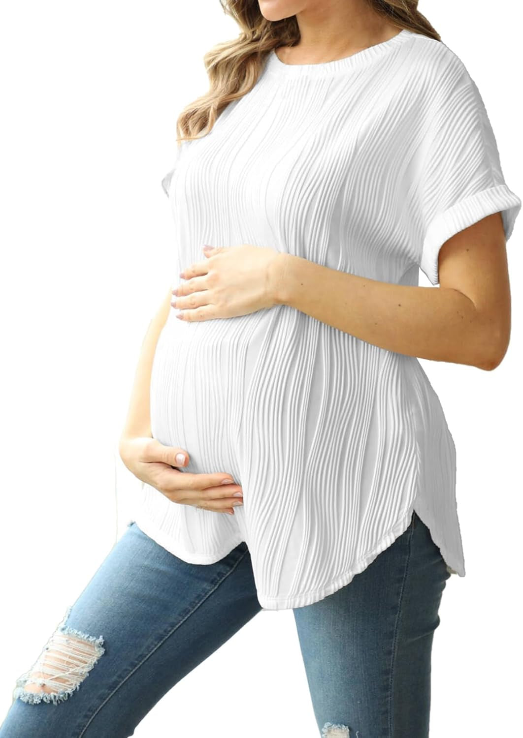 OYOANGLE Women'S Casual Maternity T-Shirt Textured Short Sleeve Crew Neck Loose Tunic Top Pregnancy Blouse Tee