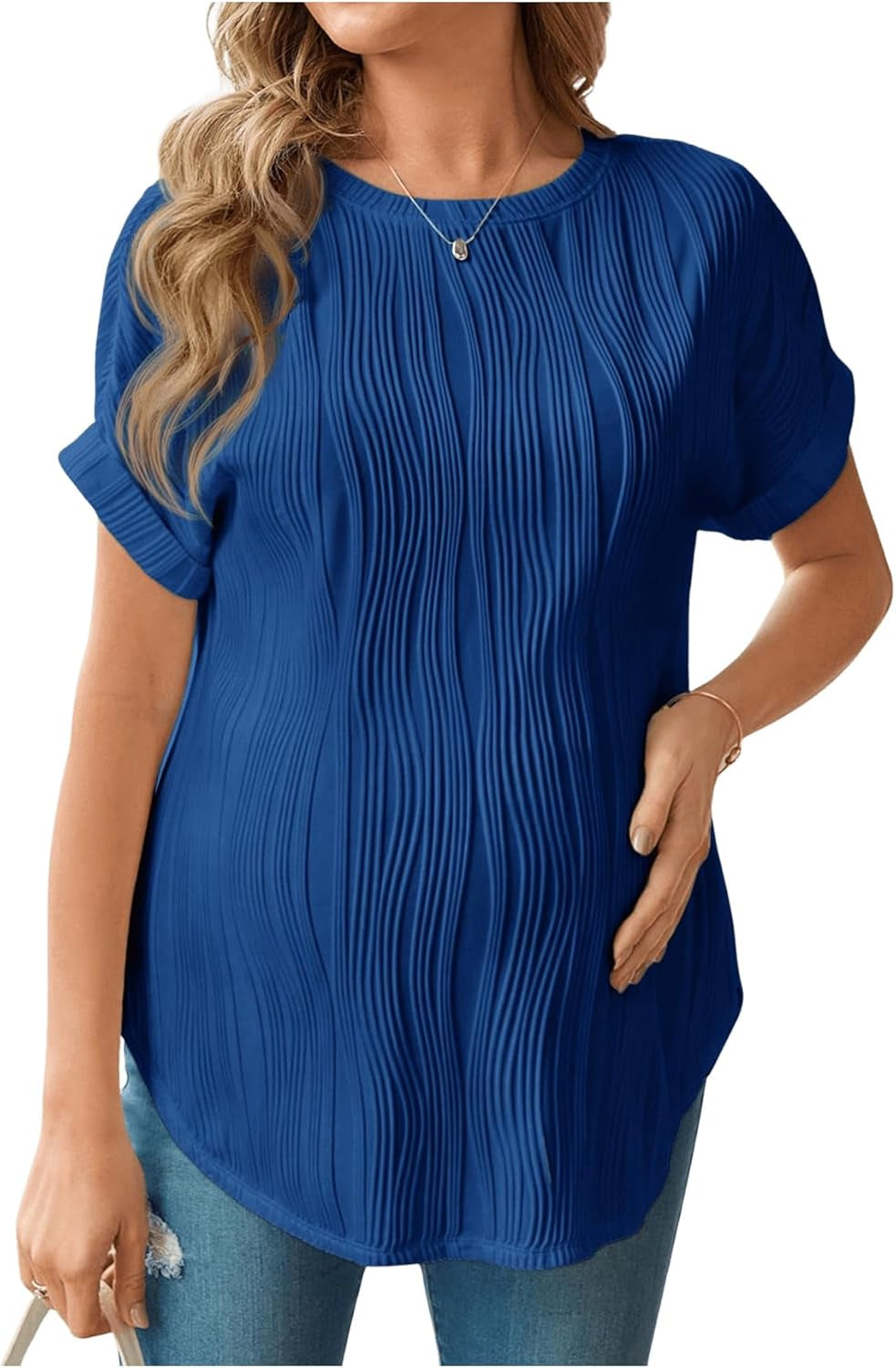 OYOANGLE Women'S Casual Maternity T-Shirt Textured Short Sleeve Crew Neck Loose Tunic Top Pregnancy Blouse Tee