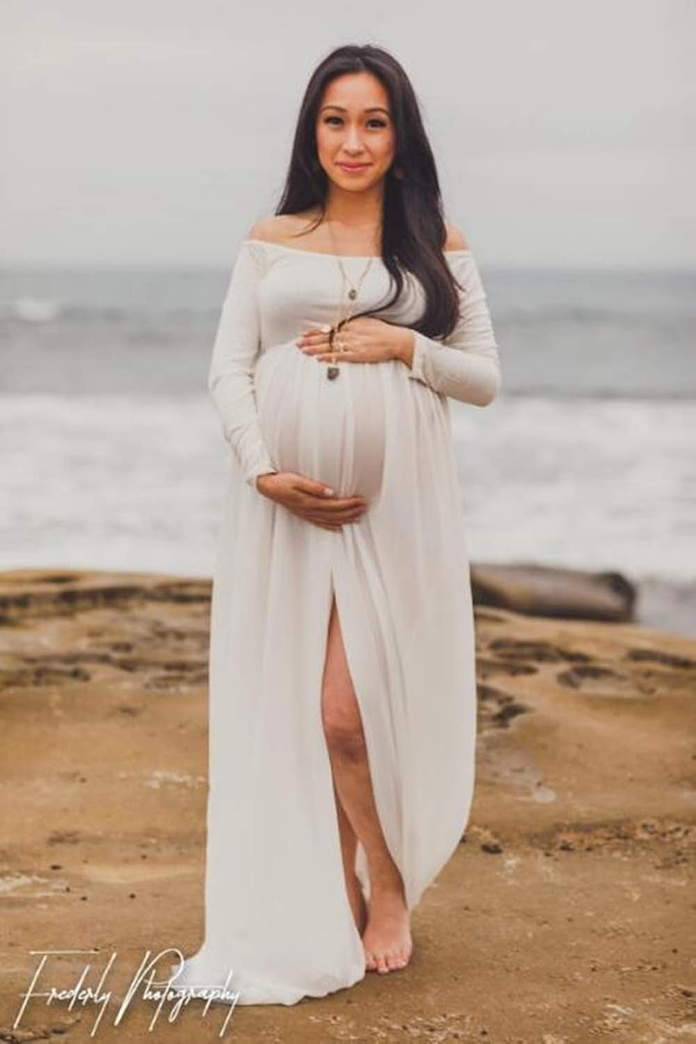 ZIUMUDY Maternity Maxi Chiffon Photography Dress Split Front Gown for Photoshoot