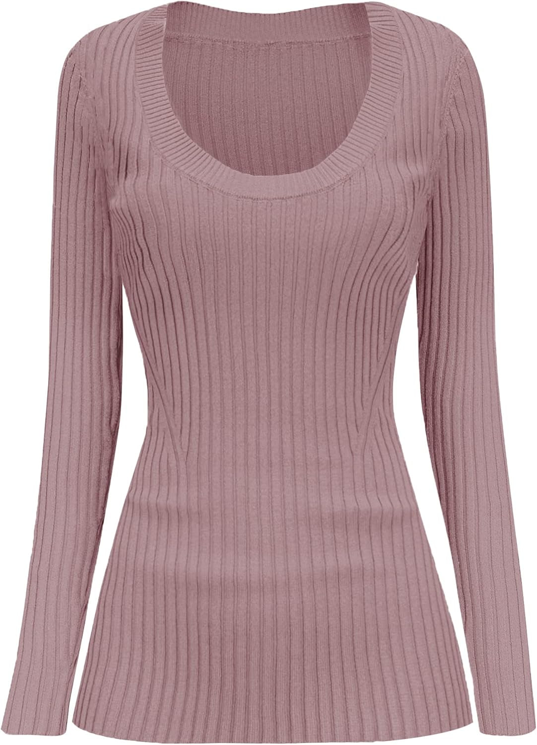 V28 Women Scoop Neck U-Neck Knit Long Sleeve Slim Fit Ribbed Sweater Tops