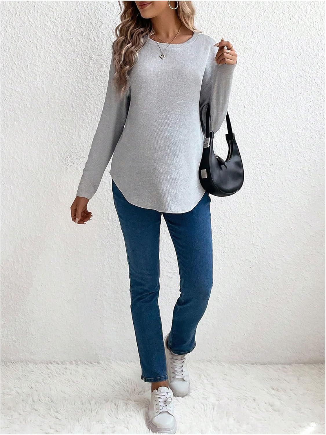 Makemechic Women'S Maternity Tee Shirt Long Sleeve round Neck Drop Shoulder Curved Hem Pregnancy Tops
