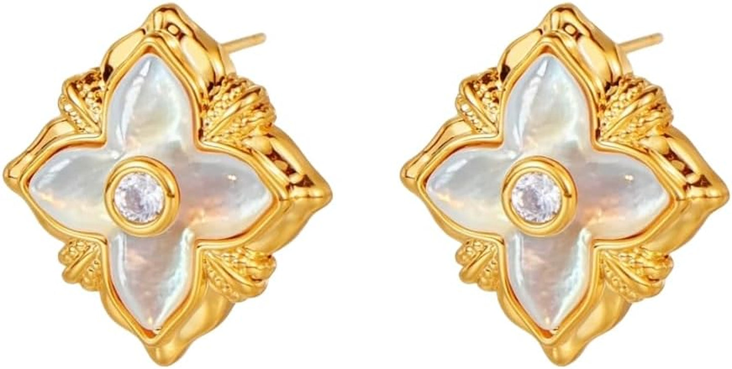 Gold Clover Necklace for Women, Double-Sided Pendant by 18K Gold-Plated Inlaid Natural Stone Pendant Necklace,Turquoise/Malachite/Black Onyx Stone/White Mother of Pearl ,Jewelry Gift for Women