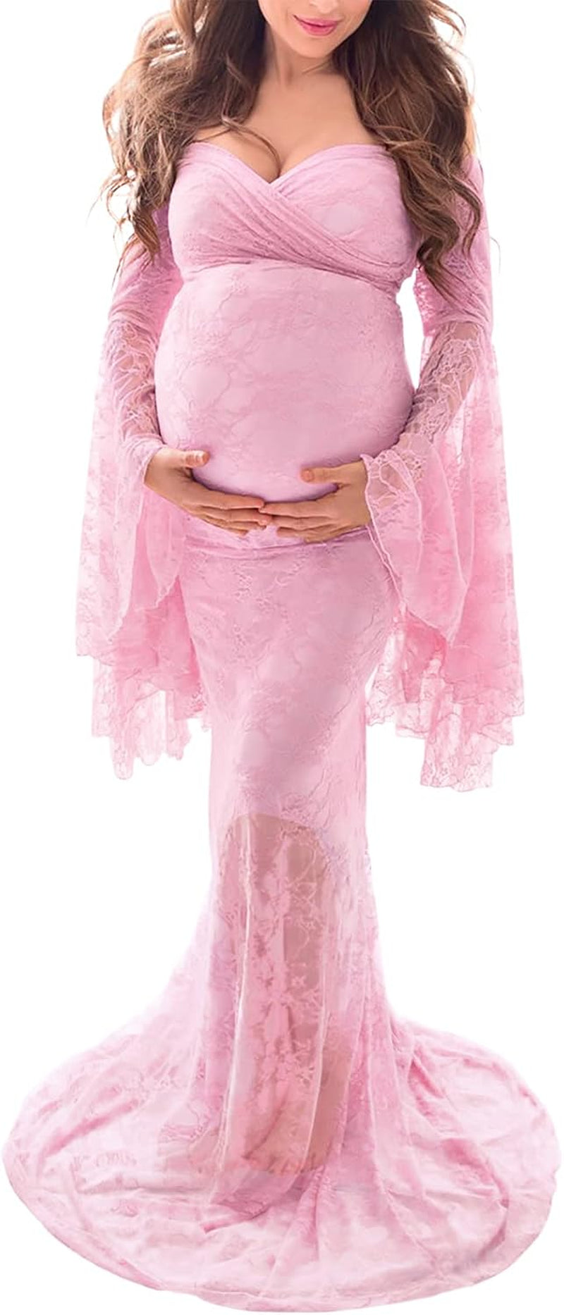 Saslax off Shoulder Lace Maternity Dress for Photography Maxi Maternity Props Dresses for Photo Shoot Baby Shower