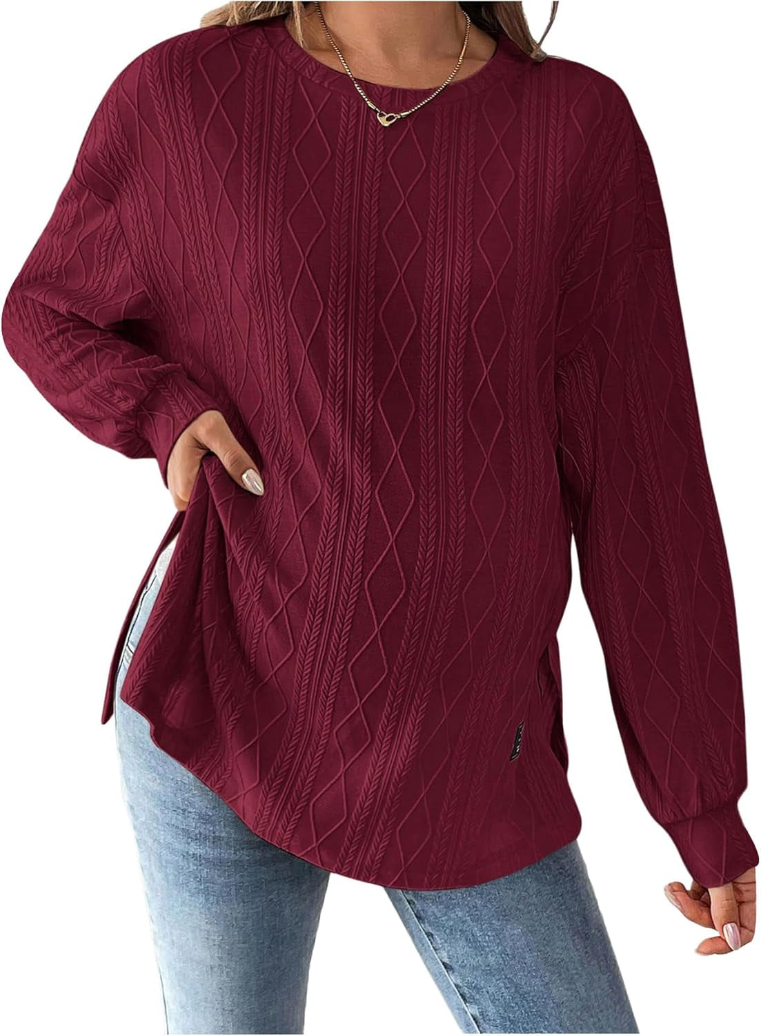 Makemechic Women'S Maternity Tee Shirts Textured Long Sleeve round Neck Slit Hem Pregnancy Tops