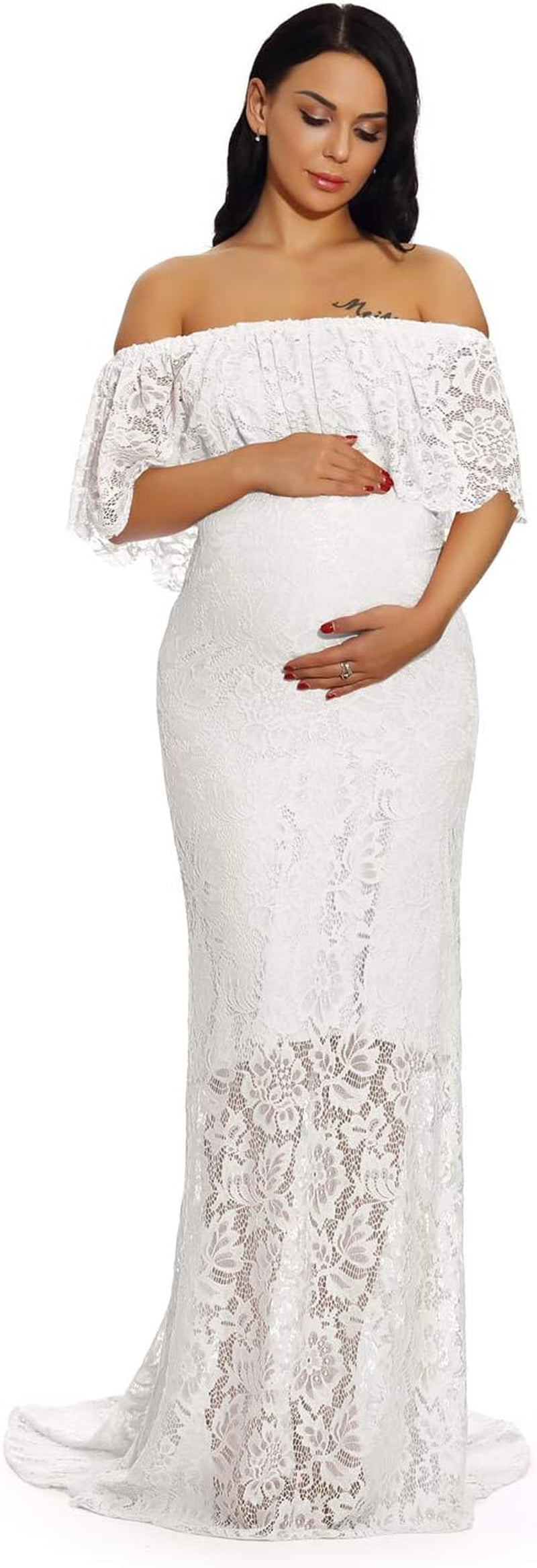 ZIUMUDY Women'S off Shoulder Ruffles Lace Maternity Gown Maxi Photography Baby Shower Dress