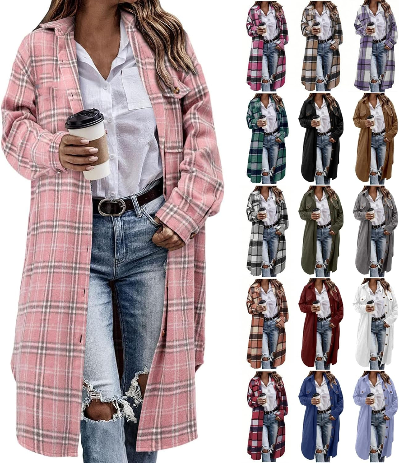 Flannel Shirt Women Plaid Jacket Womens Shacket Casual Lapel Button down Long Sleeve Trench Coat Warm Winter Jackets