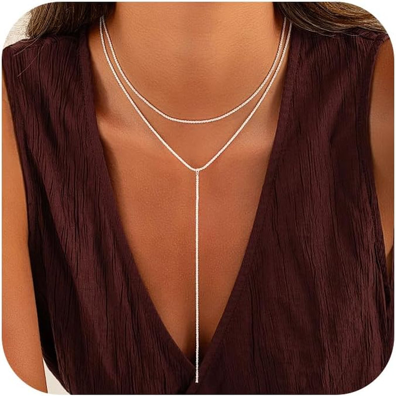 Gold and Silver Plated Layered Long Necklace for Women, Statement Y Body Chain, Sexy Dangle Drop Beach Boho Bolo Cleavage Necklace for Vacation or Prom