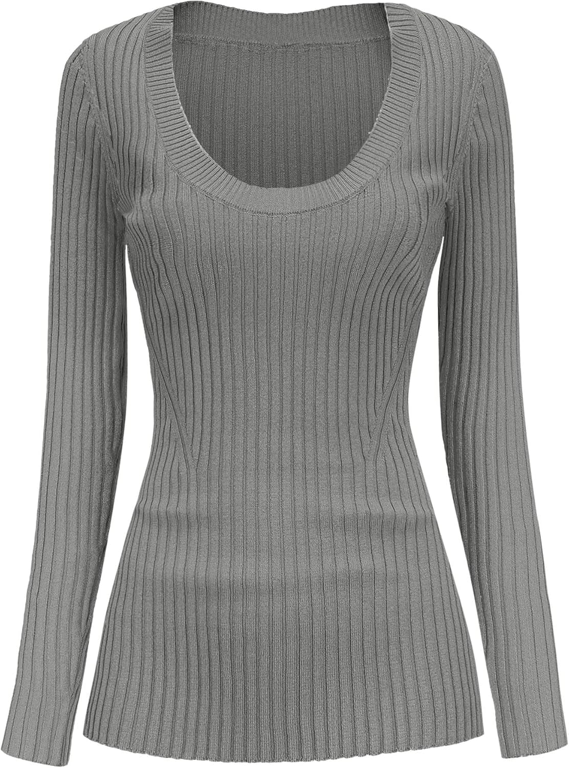 V28 Women Scoop Neck U-Neck Knit Long Sleeve Slim Fit Ribbed Sweater Tops